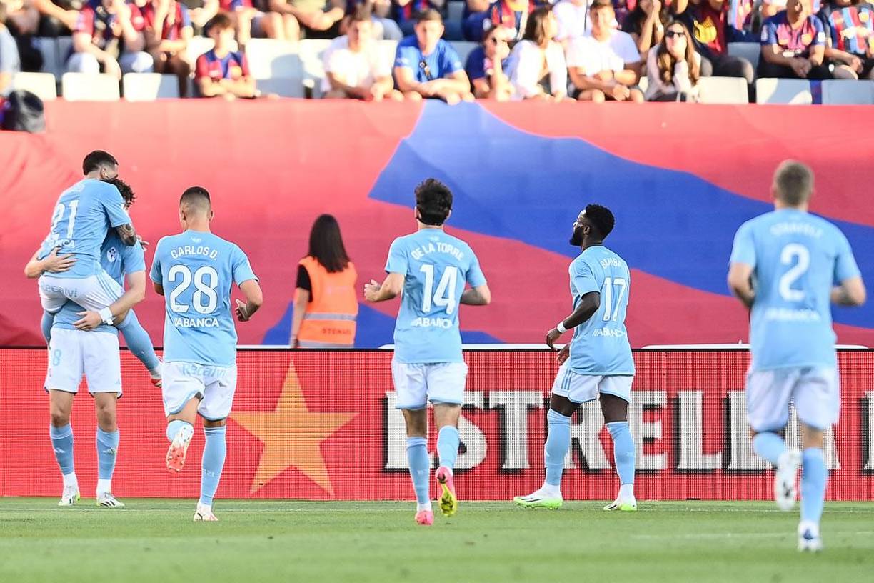 Los jugadores del Celta celebrando el gol del noruego Jorgen Strand Larsen.
