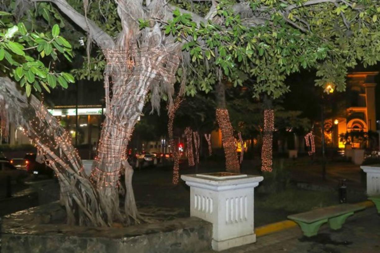 "El parque central sampedrano está lleno de luces. La zona cuenta con agentes policiales que garantizan seguridad a quienes lo visiten."