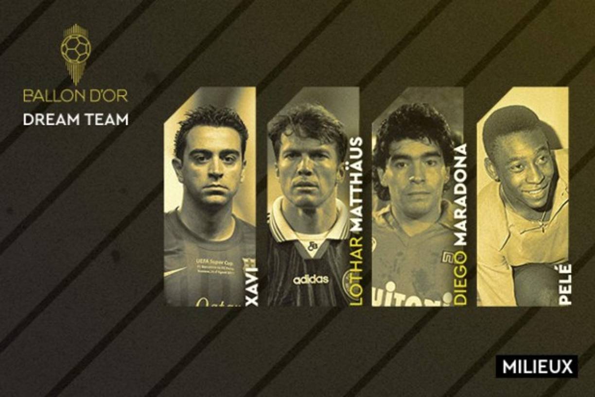 Un medio campo de lujo para el equipo ideal del Balón de Oro histórico: Xavi, Lothar Matthäu, Diego Maradona y Pelé.