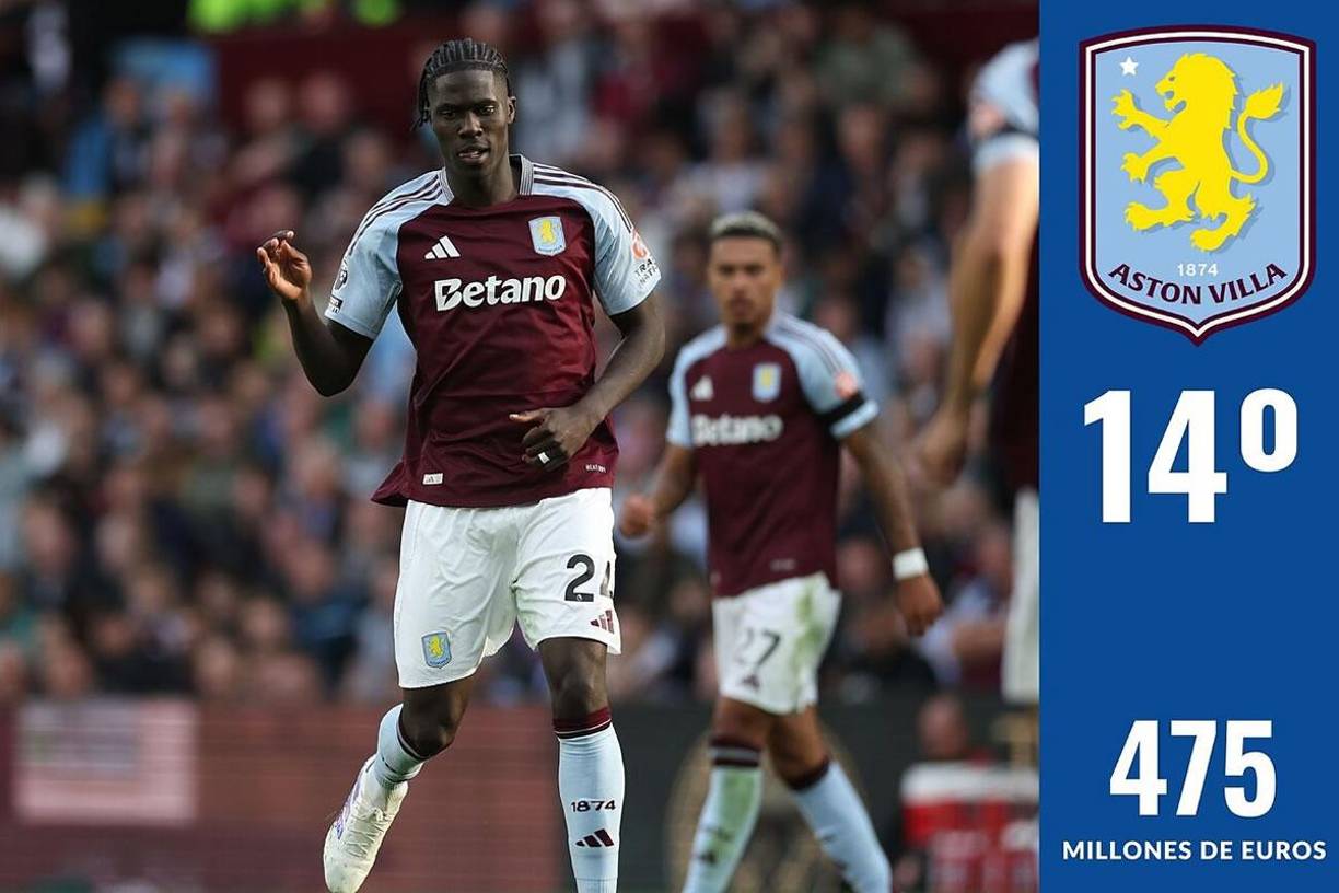 14º - El Aston Villa está en el decimocuarto puesto con 475 millones de euros. Su fichaje más caro esta temporada ha sido Amadou Onana por un precio de 59 millones de euros.