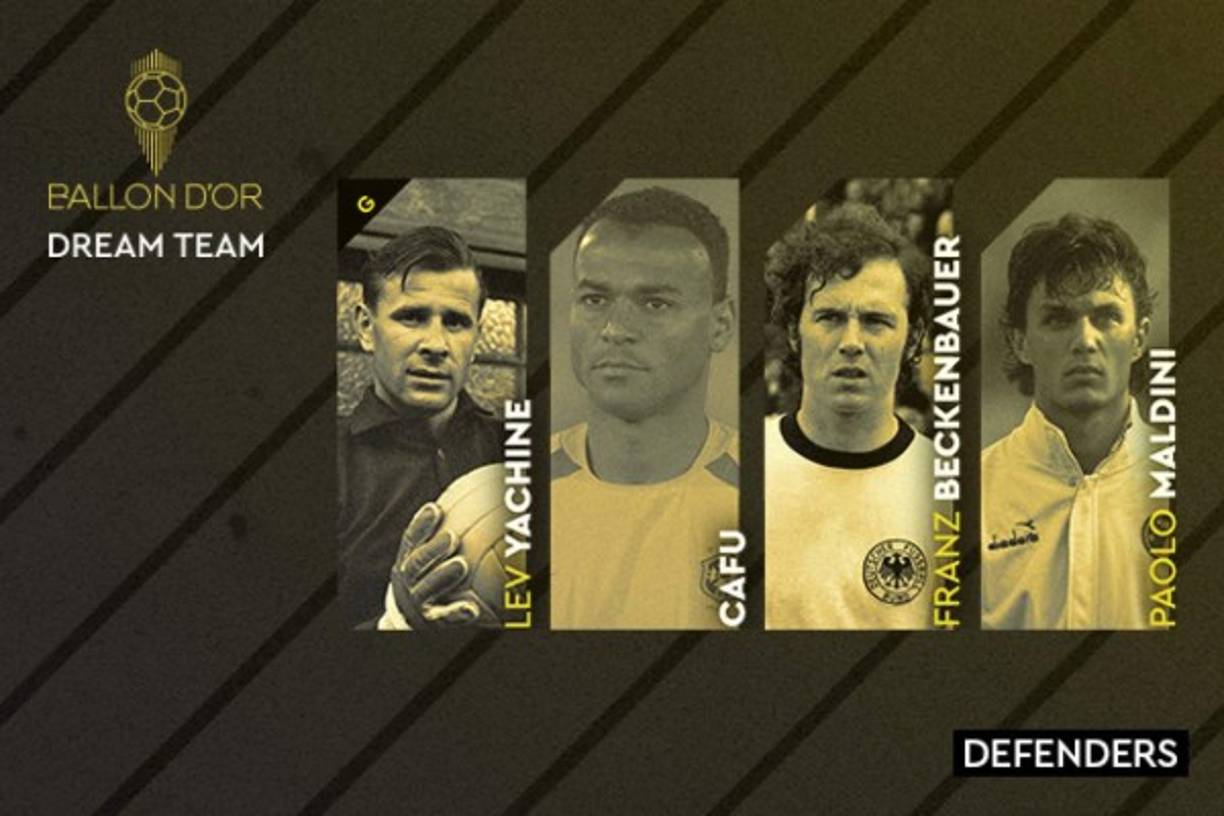La zona baja del equipo ideal del Balón de Oro, el portero Lev Yashin y tres defensas, Café, Franz Beckenbauer y Paolo Maldini.