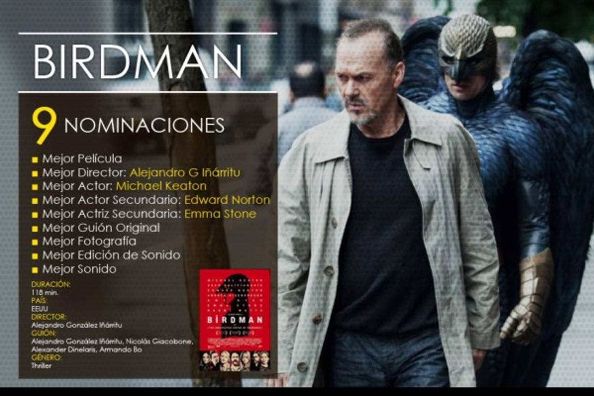 Sinopsis: Es una comedia negra que cuenta la historia de un actor -famoso por dar vida a un emblemático superhéroe- que lucha por montar una obra de teatro en Broadway. En los días que preceden a la noche del estreno se enzarza con su ego y trata de recuperar a su familia y su carrera.