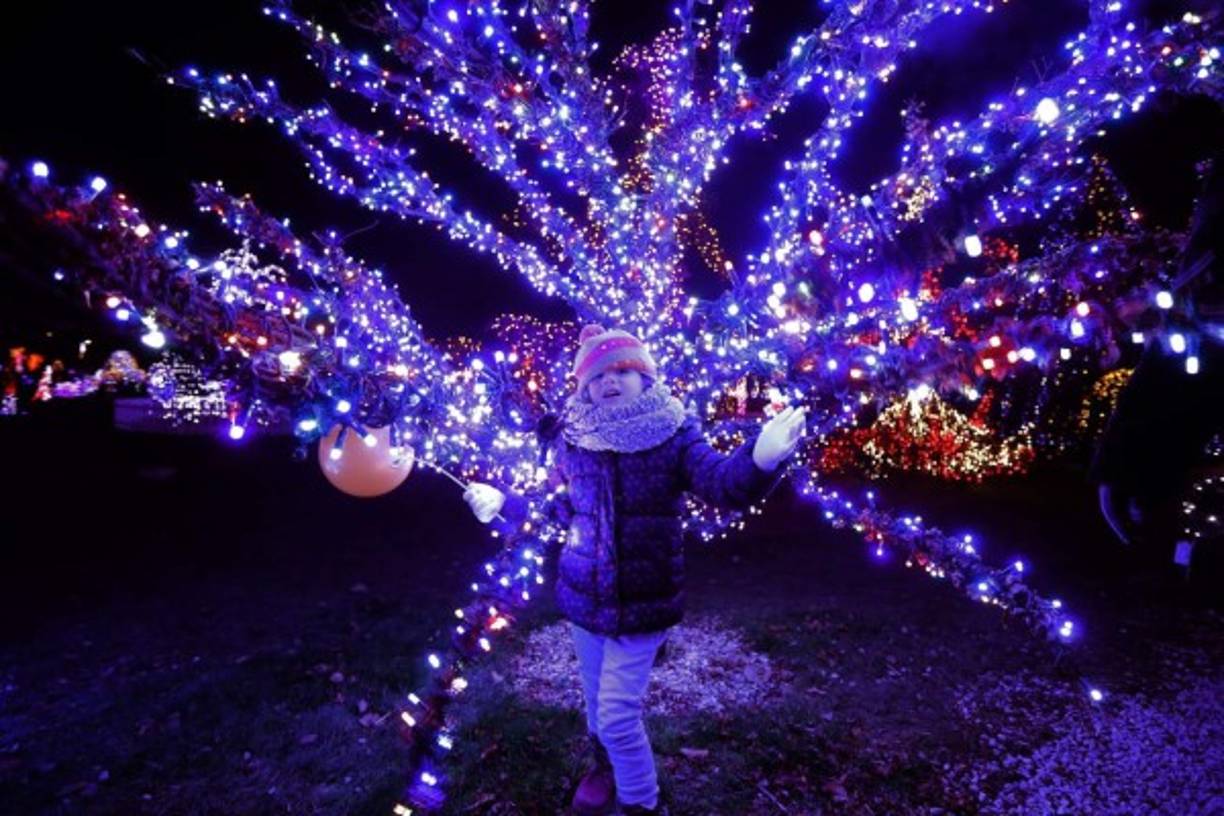 Una joven posa junto un árbol iluminado en Grabovnica. Adornan el lugar con más de dos millones de luces.