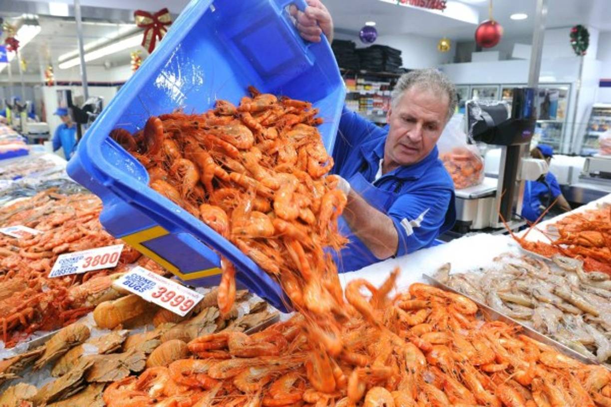 AUSTRALIA. Para la cena navideña. Un trabajador acomoda langostinos en el mercado de pescados en Sídney para platillos de Noche Buena.
