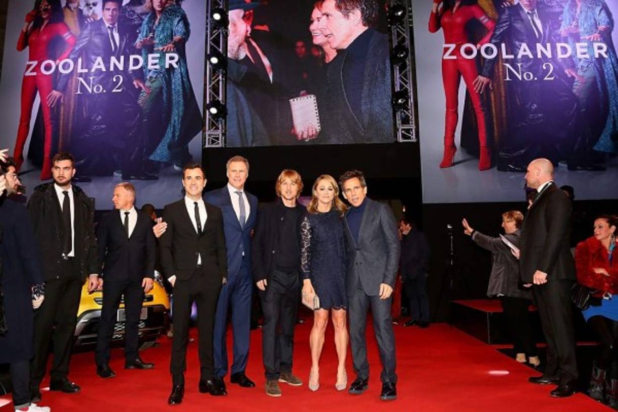 Justin Theroux , Will Ferrell, Owen Wilson, Ben Stiller y Christine Taylor en el estreno de Zoolander No. 2 en Roma.