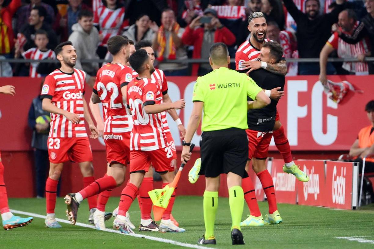 Los jugadores del Girona festejando el 2-0 contra el Real Madrid.