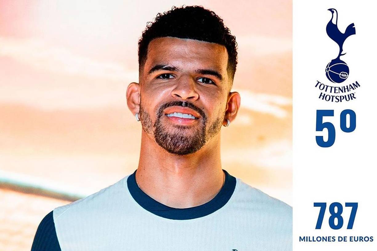 5º - El Tottenham está en el quinto puesto con 787 millones de euros. Su fichaje más caro esta temporada ha sido Dominic Solanice por un precio de 64 millones de euros.