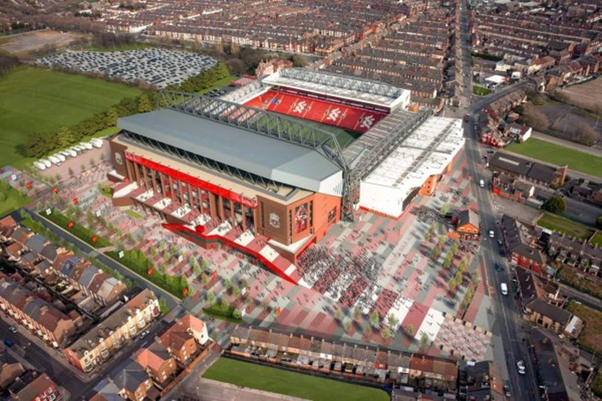 Anfield (Liverpool) - El mítico estadio de Anfield lleva en funcionamiento desde 1884, pero hace tiempo que se quedó pequeño. Tras completar con éxito la ampliación de la grada Main Stand de Anfield (las obras se iniciaron en 2015), ganó 8.500 asientos y elevado la capacidad a unas 54.000 personas. El club inglés se plantea otra ampliación de Anfield, hasta 60.000 espectadores.