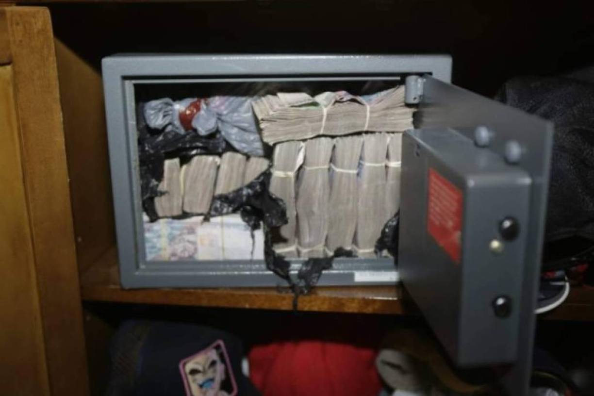 En la vivienda de dos plantas también encontraron una caja fuerte con varios milloones de lempiras.
