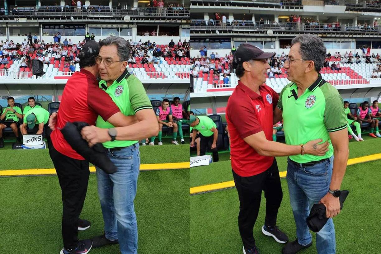 El cariñoso saludo entre Pedro Troglio y Salomón Nazar antes del inicio del partido Olimpia-Marathón.