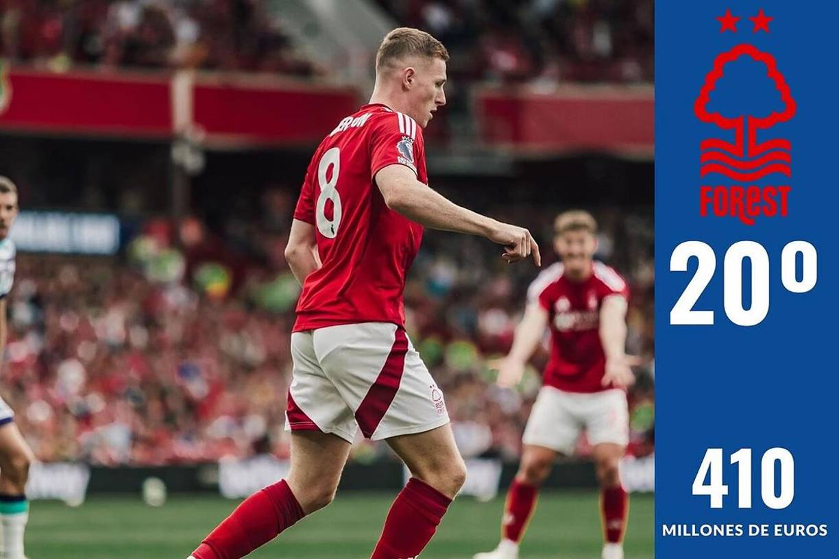 20º - El Nottingham Forest está en el vigésimo puesto con 398 millones de euros. Su fichaje más caro esta temporada ha sido Elliot Anderson por un precio de 41 millones de euros.