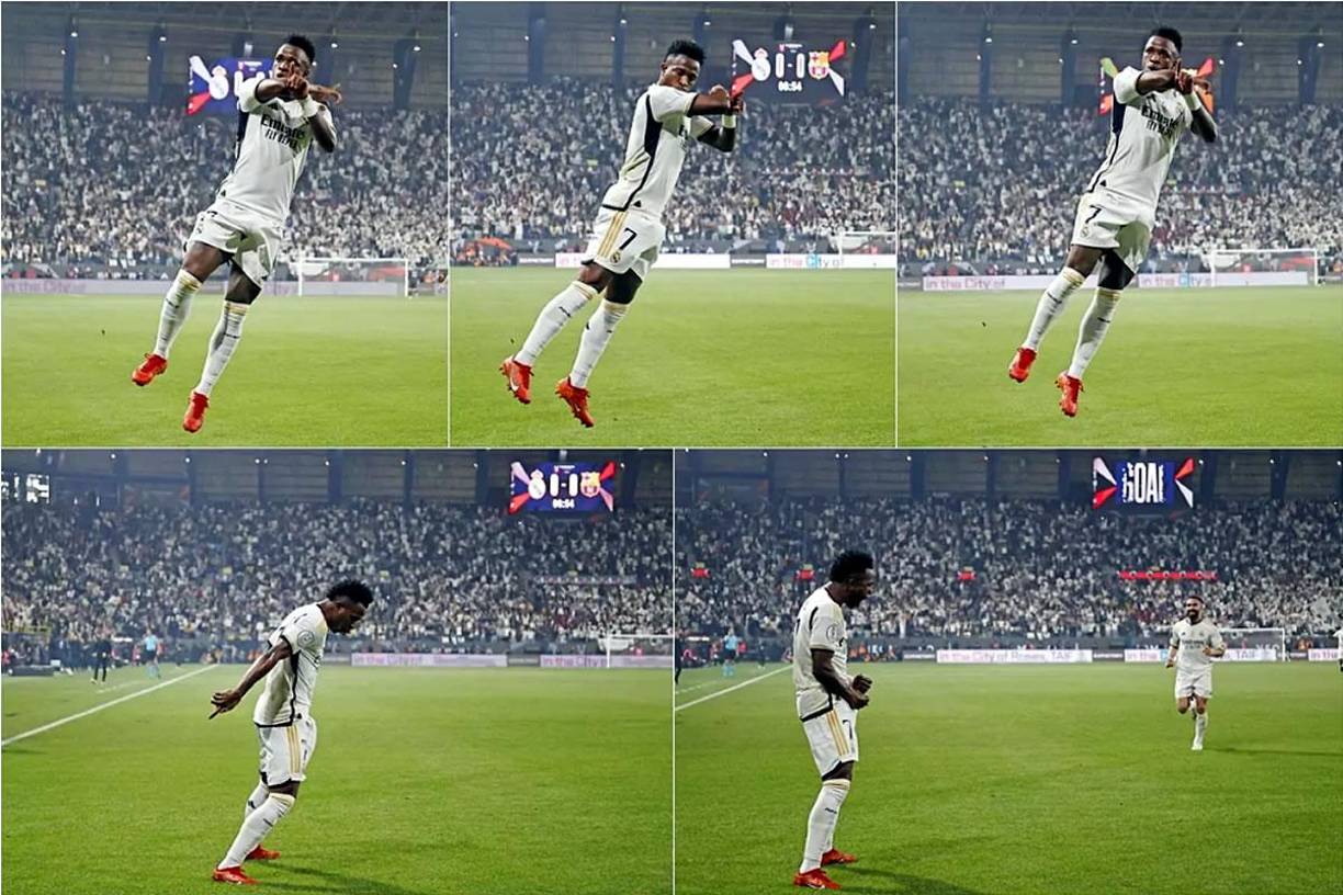 Secuencia de la celebración de Vinicius a lo Cristiano Ronaldo. Se escuchó el “siuuuuhhh” en las gradas del estadio Al-Awwal, casa del Al Nassr, equipo de CR7.
