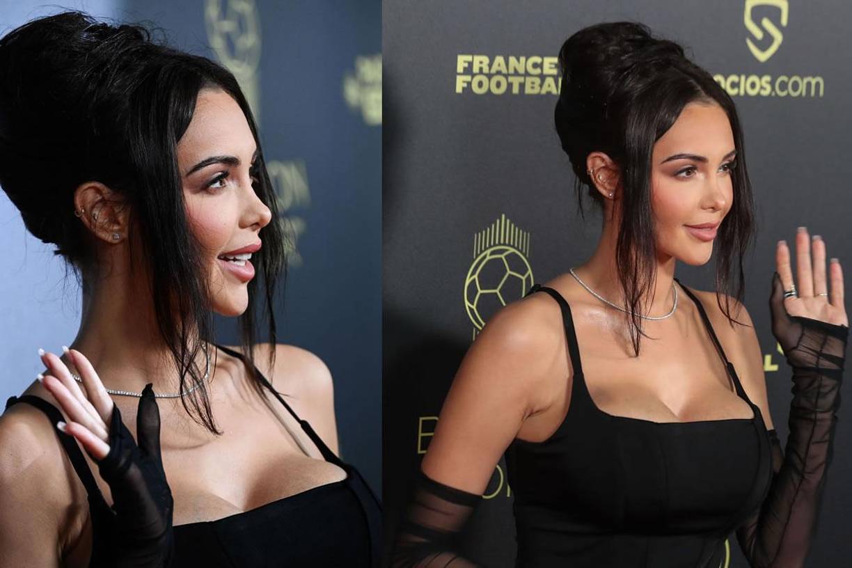 La influencer franco-suiza Nabilla Benattia posa a su llegada a la ceremonia de entrega del Balón de Oro 2022.