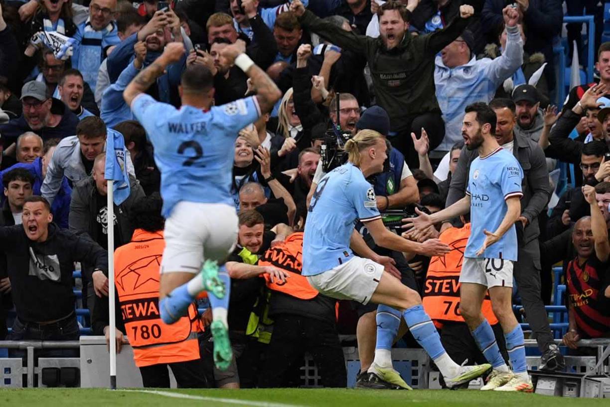 Bernardo Silva y Erling Haaland celebrando el 1-0 contra el Real Madrid.