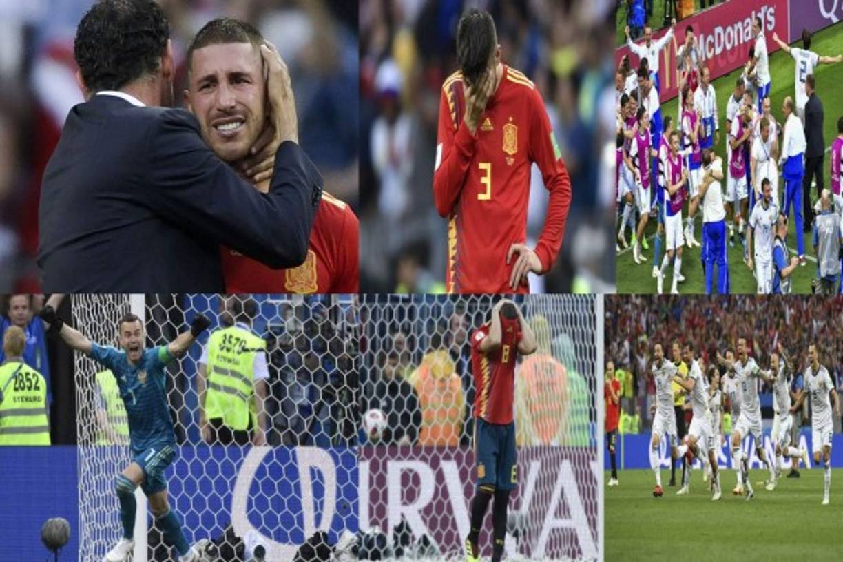 España se sumó este domingo a la lista de favoritos eliminados prematuramente del Mundial-2018 al caer en la tanda de penales 4-3 ante el anfitrión Rusia (tras empate 1-1). Los jugadores españoles quedaron destrozados tras la caída y los rusos festejaron a lo grande el pase a cuartos de final. FOTOS AFP