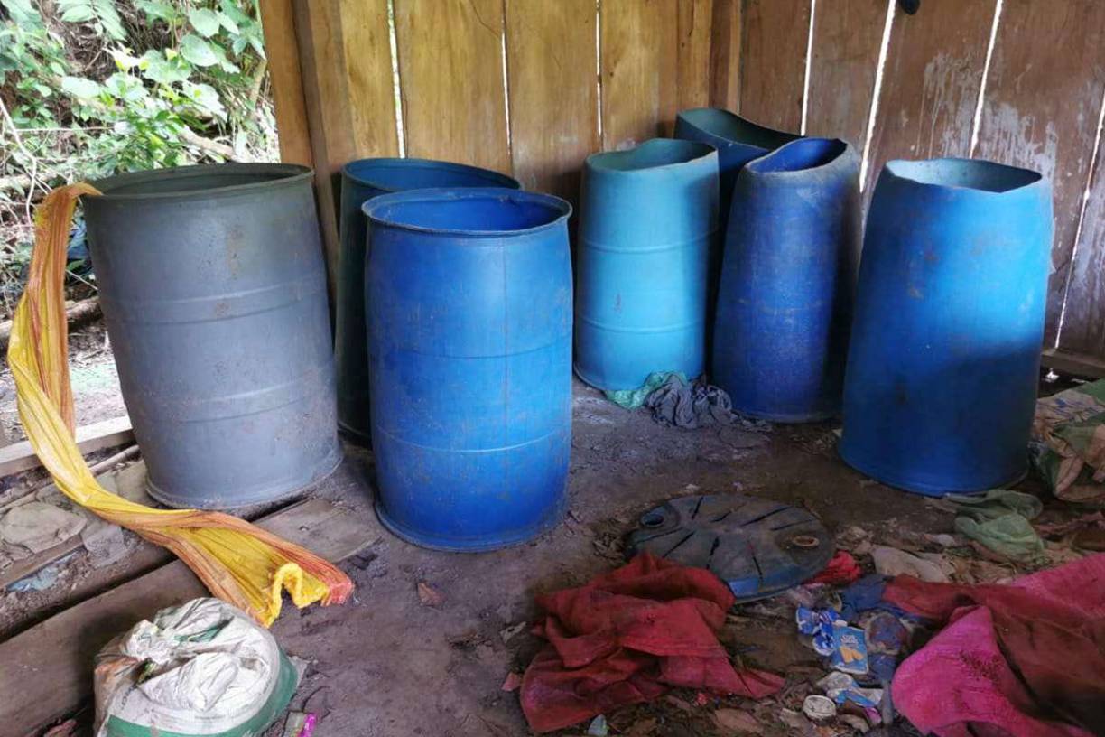 Los químicos estaban almacenados en barriles de plástico. En el sitio descubrieron fertilizantes y otros insumos para la plantas del alcaloide.