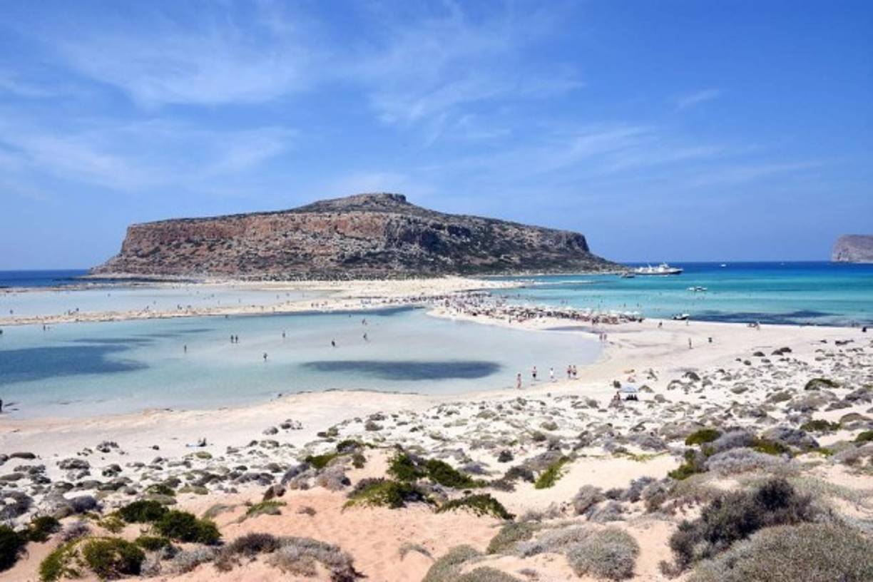 the beautiful beach of Balos, opposite the island of Gramvousa, on the island of Crete. Crete is the largest and most populous of the Greek islands