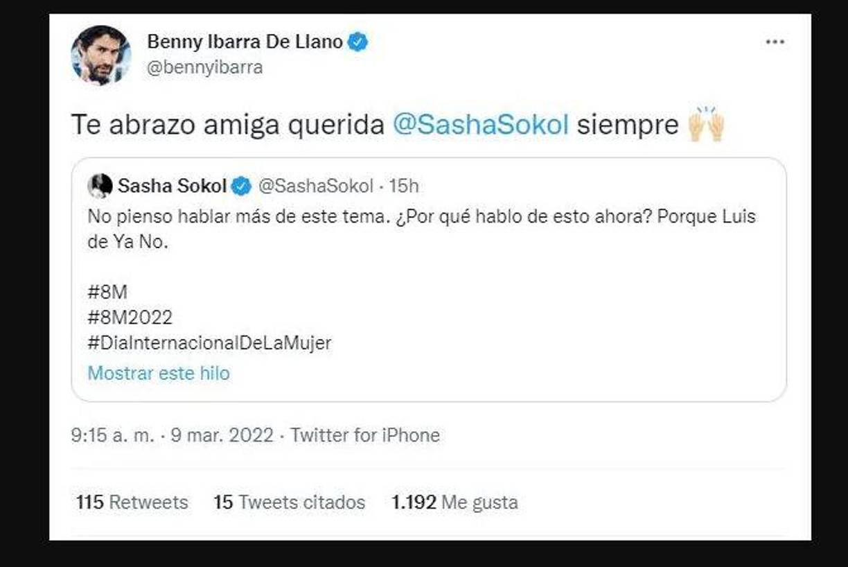 “Te abrazo amiga querida @SashaSokol, siempre”, escribió Benny Ibarra como respuesta al posteo de Sasha Sokol en Twitter, el cual destaca ya que el intérprete además de haber compartido esa época como parte del grupo Timbiriche, es sobrino de De Llano.