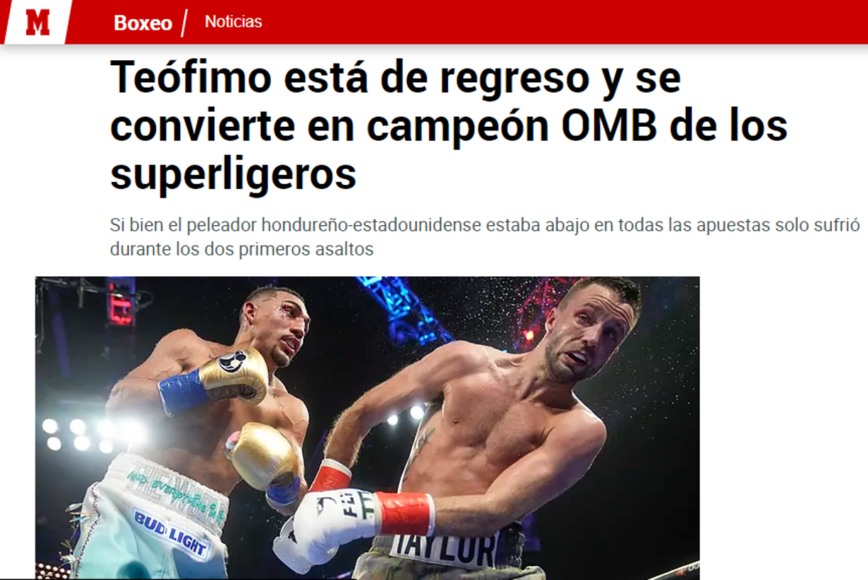Diario Marca de España: “Teófimo está de regreso y se convierte en campeón OMB de los superligeros”.