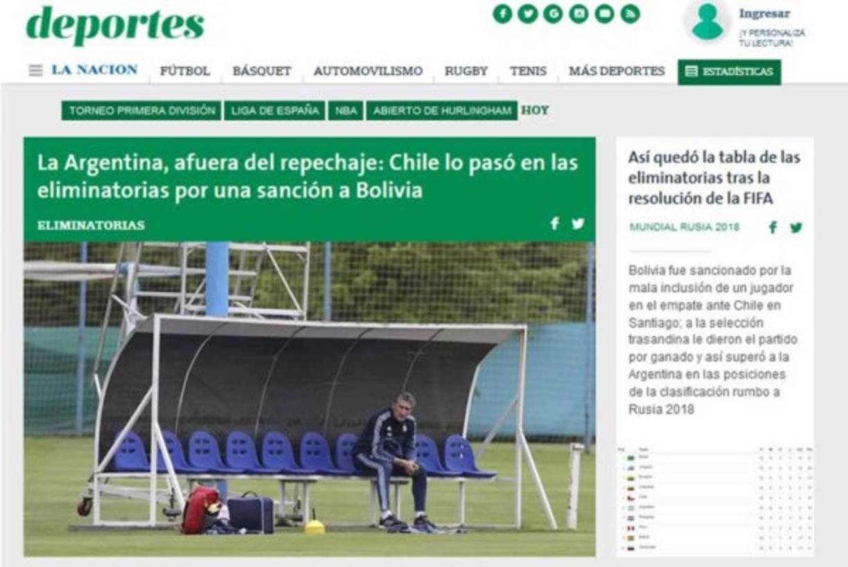 La sección de Deportes de La Nación destaca que 'La Argentina, afuera del repechaje: Chile lo pasó en las eliminatorias por una sanción a Bolivia'.