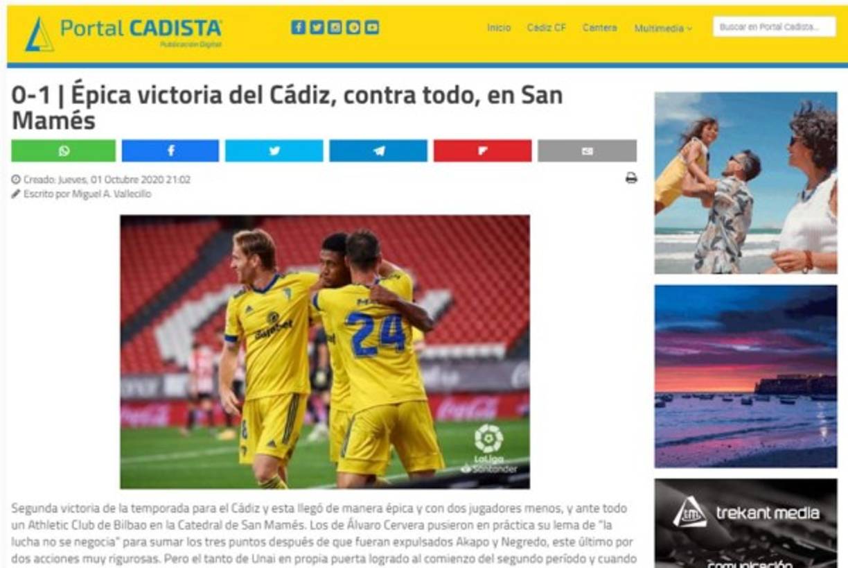 Portal Cadista - 'Épica victoria del Cádiz, contra todo, en San Mamés'. 'La situación que parecía complicada tras la expulsión, se tornaba favorable poco después gracias a una jugada individual del ‘Choco’ Lozano que tras un autopase mandó un pase al área pequeña que interceptaba, pero marcando en propia puerta Unai López'.