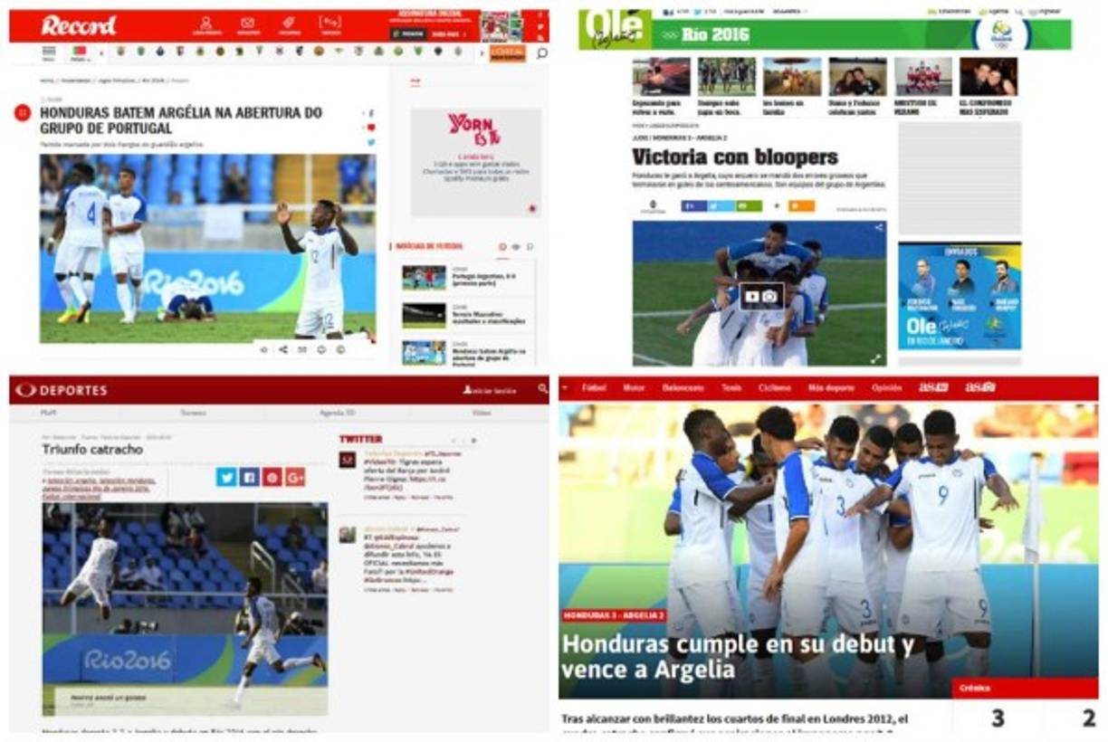 La prensa internacional destacó la victoria de la Sub-23 de Honduras en su debut en los Juegos Olímpicos de Río de Janeiro 2016 tras ganar 3-2 a Argelia.