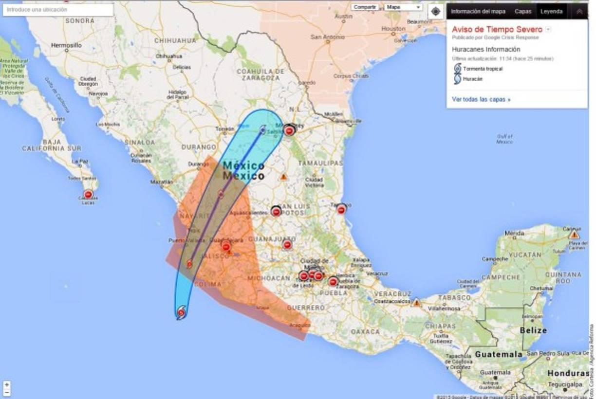 El recorrido del huracán Patricia.