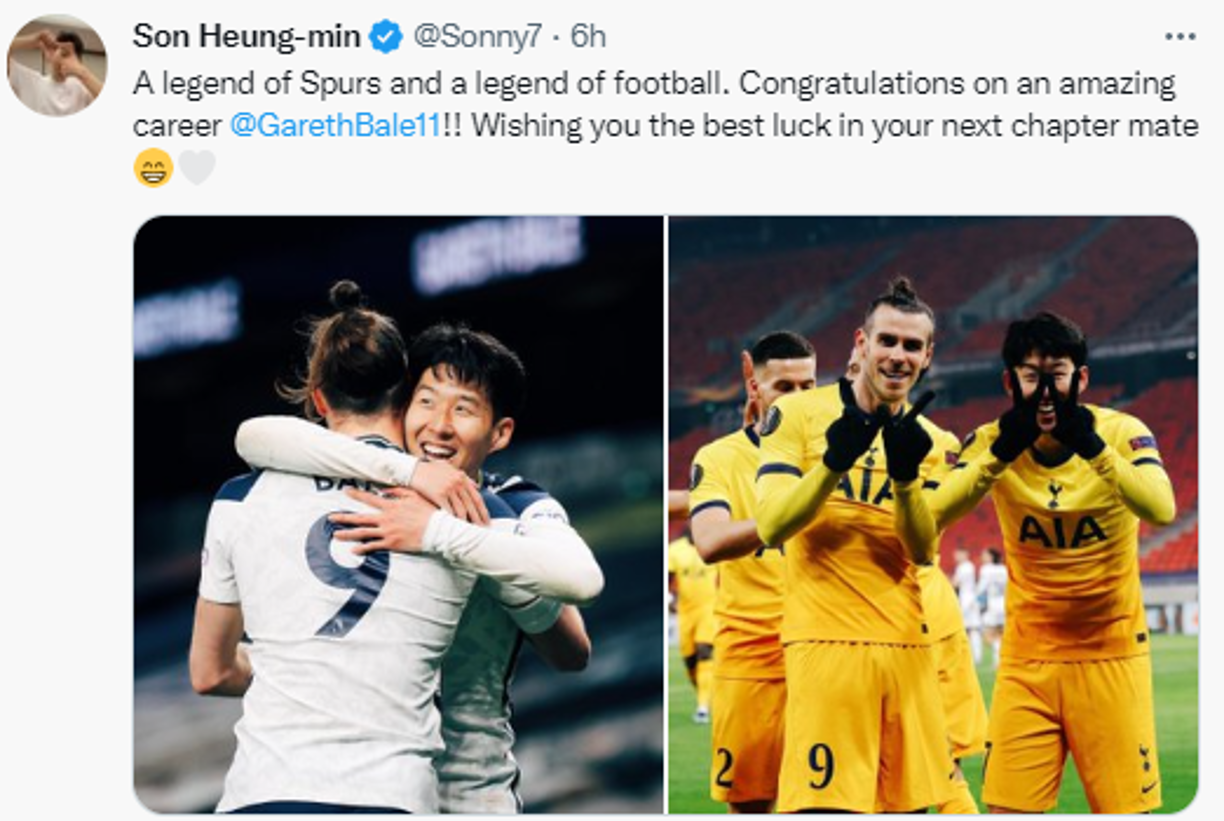 Heung Min Son (Tottenham): “Una leyenda de los Spurs y una leyenda del fútbol. ¡Felicitaciones por una carrera increíble. ¡Te deseo la mejor suerte en tu proximo capitulo compañero!