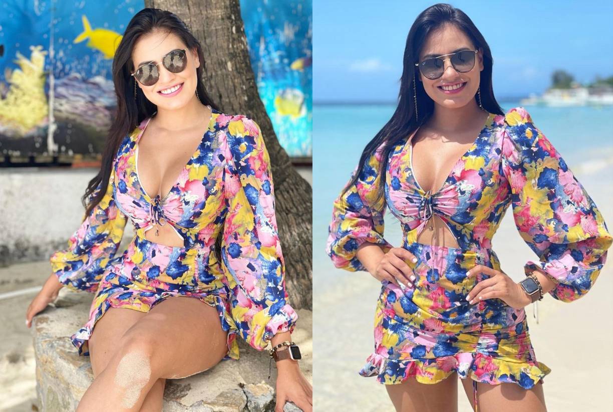 La hondureña lucia guapísima con este colorido traje de dos piezas.