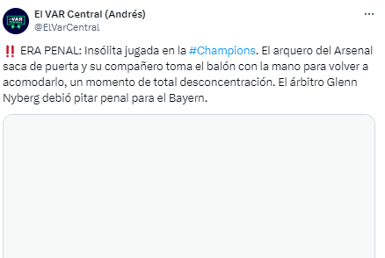 “ERA PENAL: Insólita jugada en la #Champions”, comentan tras lo sucedido en el Arsenal Bayern.