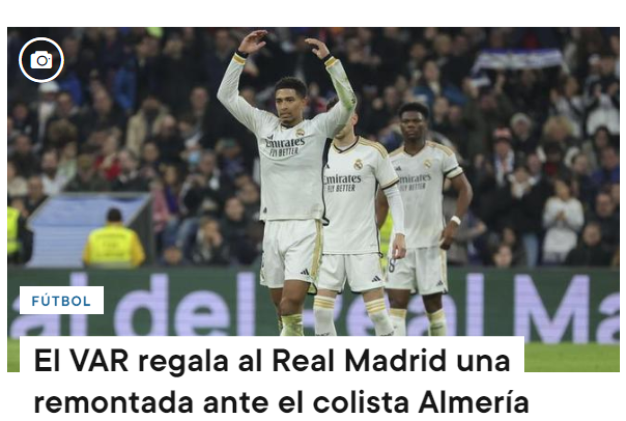 Super Deporte también fue directo tras el triunfo de los merengues: “El VAR regala al Real Madrid una remontada ante el colista Almería”.