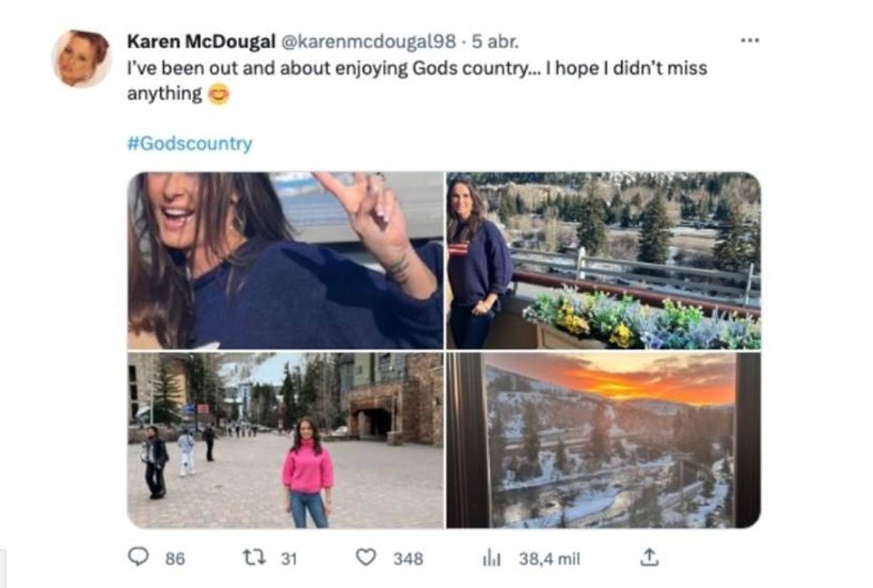 El tuit de McDougal en referencia a Trump. “He estado fuera y disfrutando del país de Dios.. Espero no haberme perdido de nada”, se traduce el mensaje de la exmodelo. En una de las imágenes, la ex Playboy sonríe y hace la señal de amor y paz con una de sus manos. 