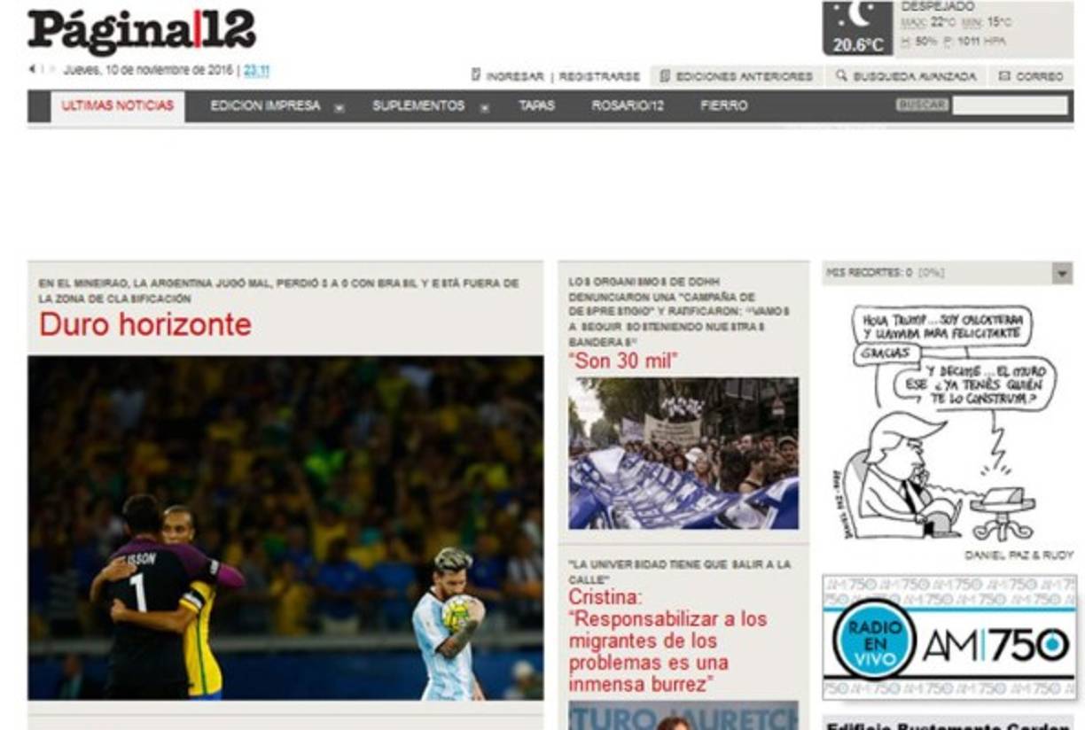 Página 12: 'Duro horizonte. En el Mineirao, la Argentina jugó mal, perdió 3 a 0 con Brasil y está fuera de la zona de clasificación'.