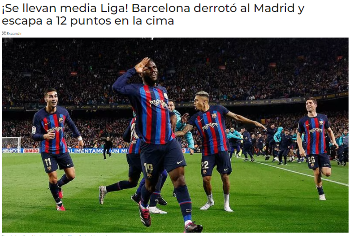 Fox Sports: “¡Se llevan media Liga! Barcelona derrotó al Madrid y escapa a 12 puntos en la cima”