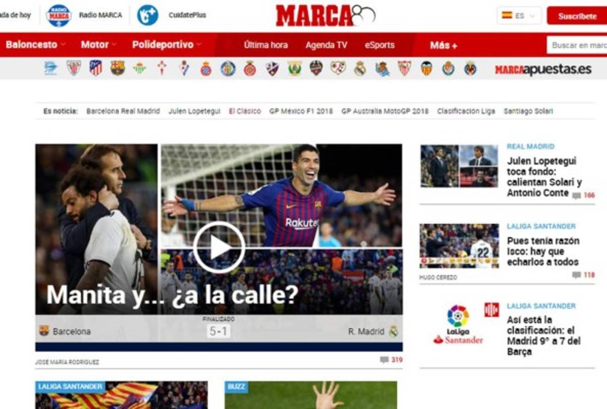 Marca hace referencia a la posible salida del entrenador del Real Madrid, Julen Lopetegui, tras perder el clásico contra el Barcelona: 'Manita y... ¿a la calle?'.