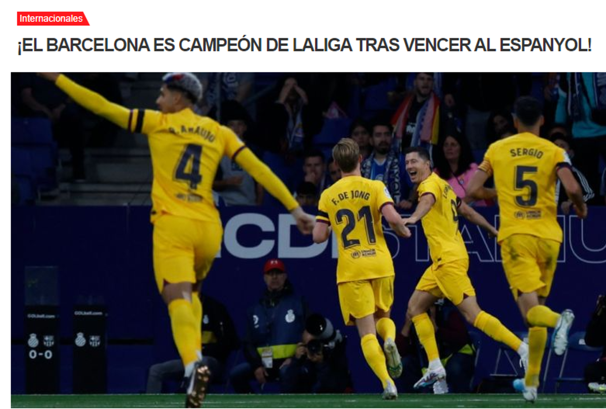 Diario El Récord de México: “¡EL BARCELONA ES CAMPEÓN DE LA LIGA TRAS VENCER AL ESPANYOL!”