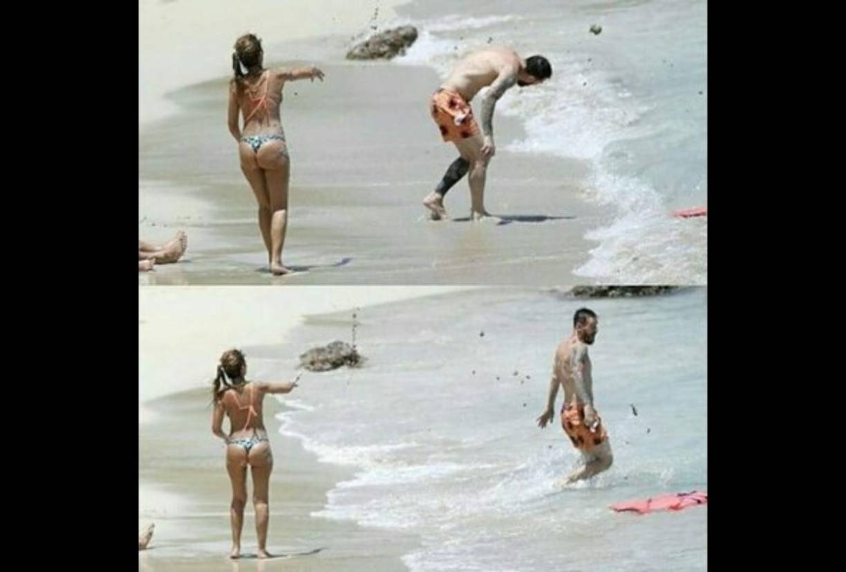 Ambos han tenido hasta tiempo para bromear, Antonella y Messi tuvieron su primera pelea en el mar pero todo fue una broma. Se lanzaron arena.