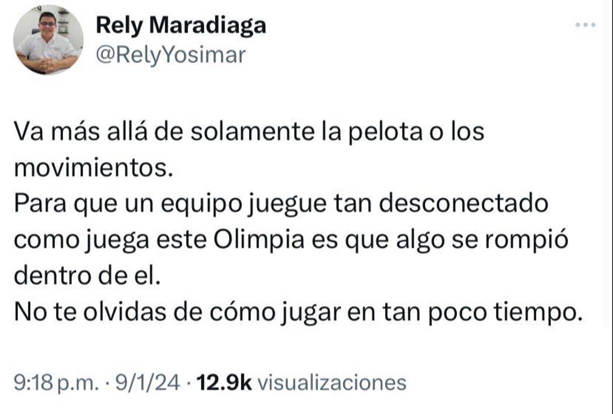 Rely Maradiaga también se pronunció: “Va más allá de solamente la pelota o los movimientos. Para que un equipo juegue tan desconectado como juega este Olimpia es que algo se rompió dentro de el. No te olvidas de cómo jugar en tan poco tiempo”.