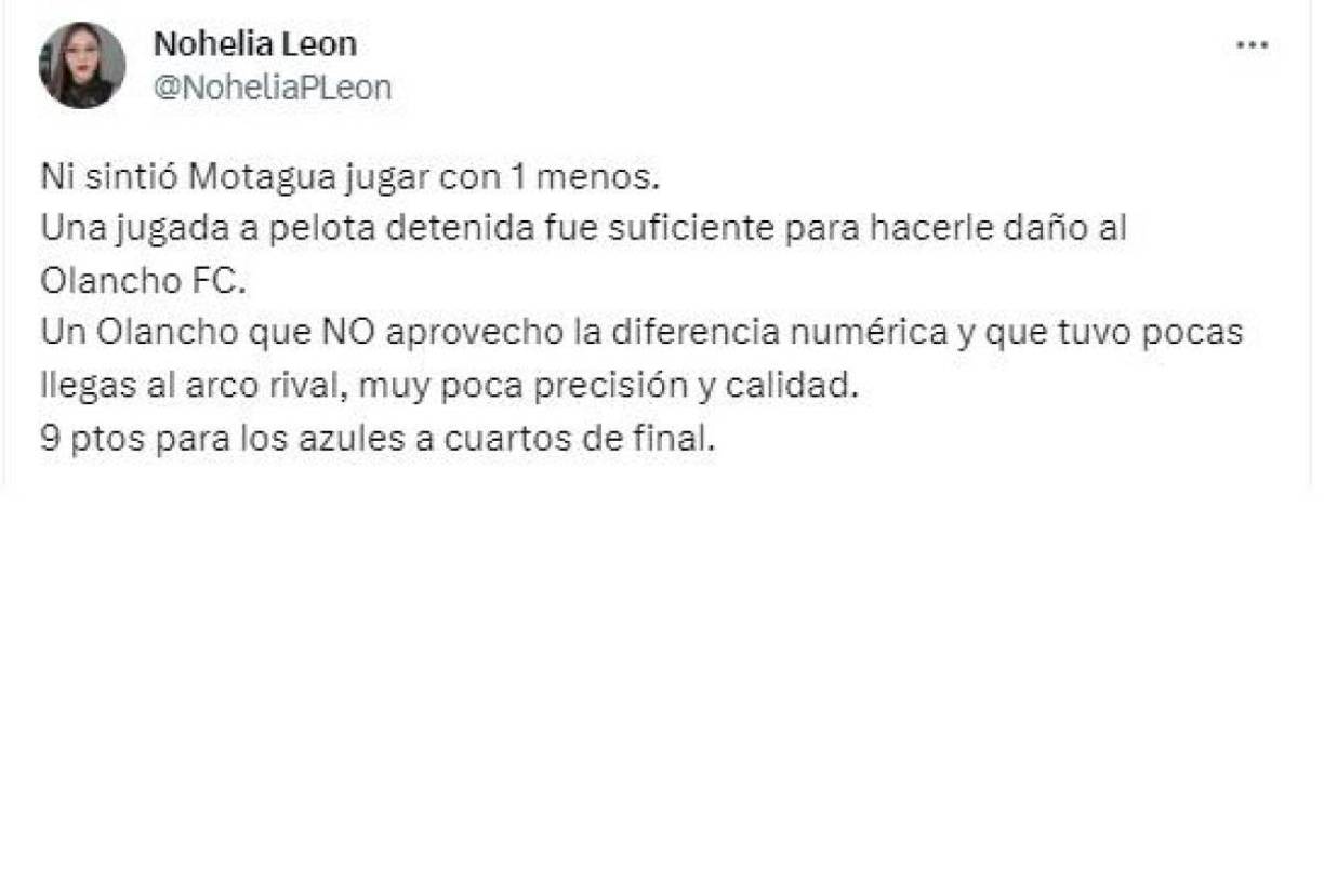 Nohelia León, periodista hondureña: “Ni sintió Motagua jugar con uno menos. Un Olancho que no aprovechó la diferencia numérica y que tuvo pocas llegadas al arco rival”.