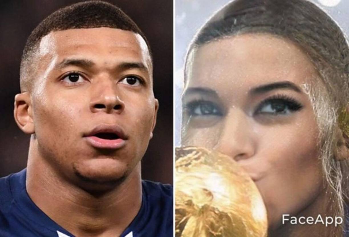 Así se mira Kylian Mbappé, delantero francés del PSG, convertido en mujer con la aplicación 'FaceApp'.