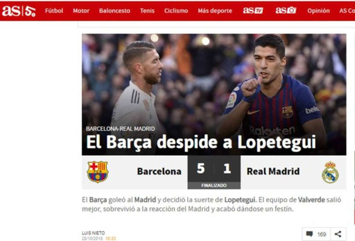 Diario AS: 'El Barça despide a Lopetegui'.