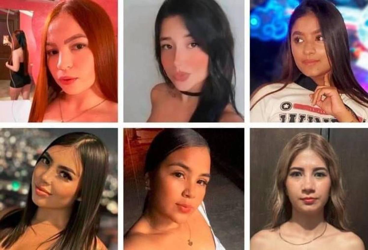 De izquierda a derecha, los nombres de las jovencitas colombianas desaparecidas: 1. Derlis Dayana Paneso Taborda (25 años), 2. Sofía Velásquez Giraldo (21 años), 3. Yarlin Giraldo Soto (21 años), 4. Michell Daniela Morales Quiroga (21 años), 5. Marianyeli Michell Chacón Álvarez (20 años) y 6. Layma Argenis Parra Cerquera (23 años). 