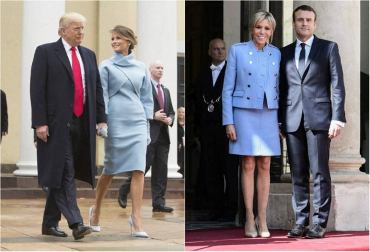 Para su primer día en el Elíseo, la nueva primera dama llegó vestida con un traje azul cielo, con chaqueta u botones dorados de Louis Vuitton, con un diseño muy similar y en el mismo tono que el que lució Melania, en la toma de posesión de su marido Donald Trump.