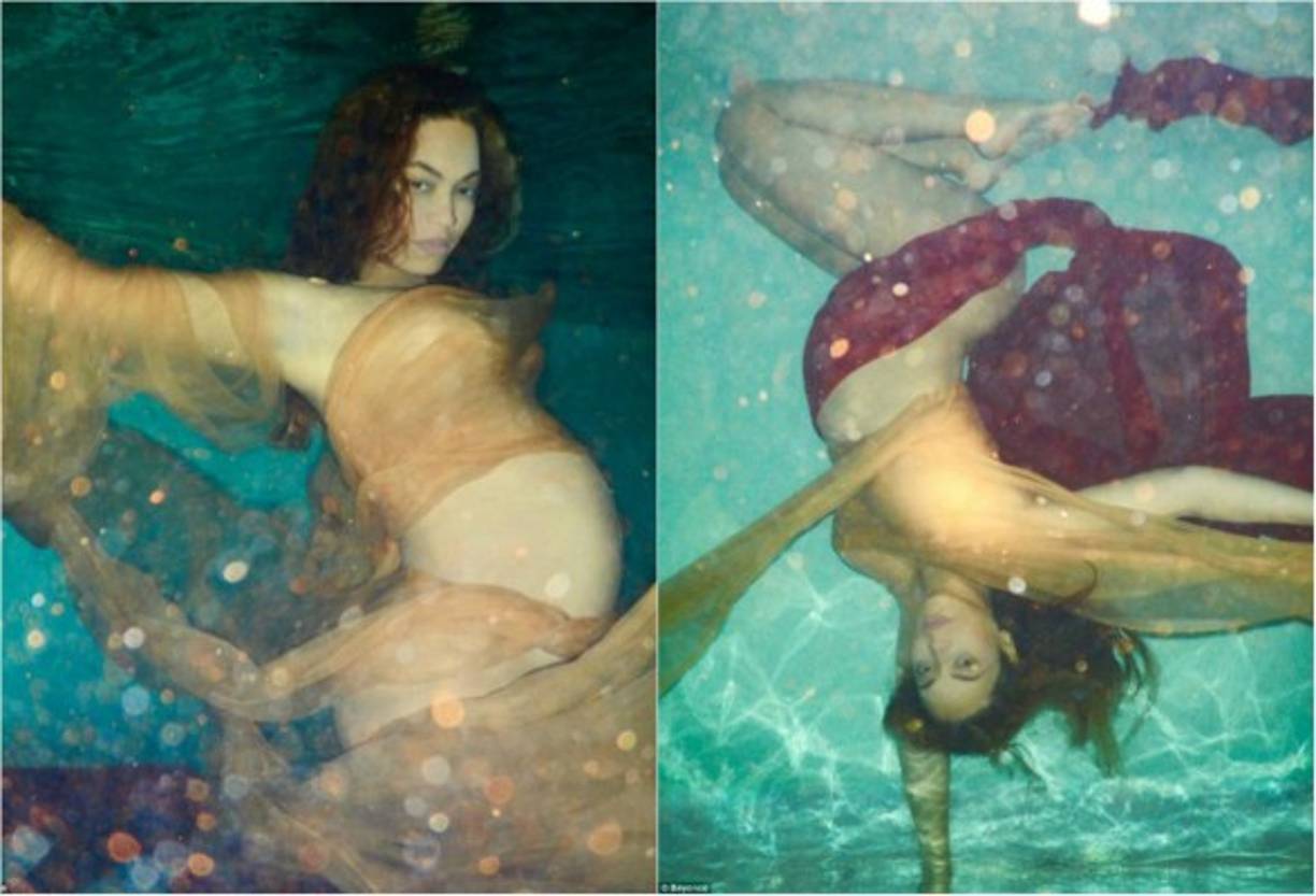Al parecer Beyonce también se sumergió a una piscina para ser fotografiada entre lienzos y agua.<br/><br/>Definitivamente la estrella celebra la noticia de que traerá gemelos a este mundo.