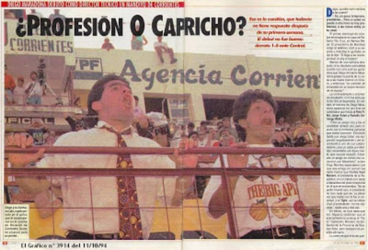 El 'Pelusa' debutó como entrenador en 1994, tras jugar su último mundial. Comenzó en Argentina, con el Mandiyú de la Primera División. Inició con una derrota de 2-1 ante el Rosario Central. <br/><br/>Maradona dirigió doce partidos: ganó uno, perdió cinco y empató seis. Tras algunas peleas con los dirigentes dejó su cargo.<br/><br/>Imagen tomada de http://invictodesde1994.blogspot.com/2012/07/todos-los-partidos-de-diego-maradona.html.