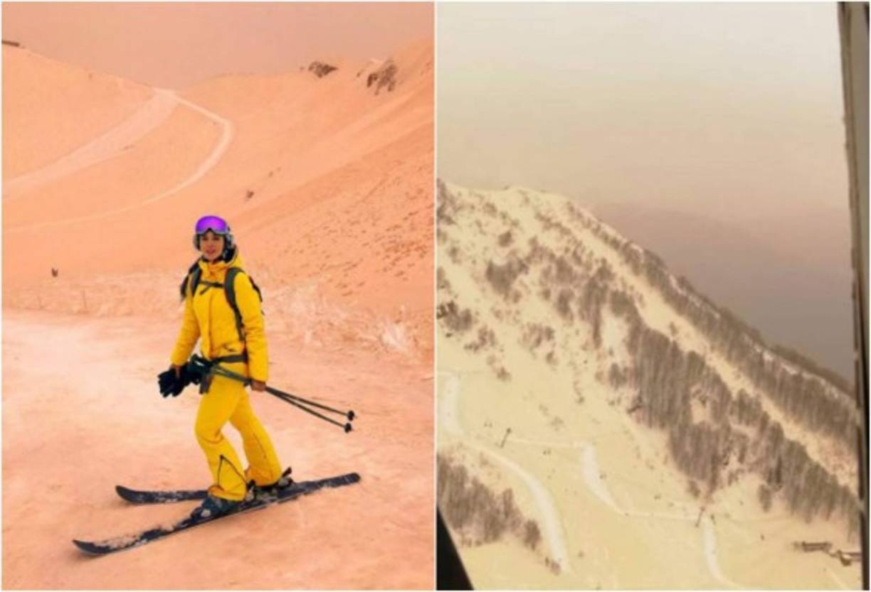 Las nevadas montañas de Sochi, en el sur de Rusia, se han teñido de naranja tras caer una nevada traída por un frente cargado de partículas de arenas del desierto del Sahara, en el norte de África.