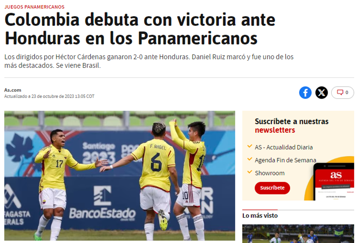 Diario AS de Colombia: “Colombia debuta con victoria ante Honduras en los Panamericanos”.