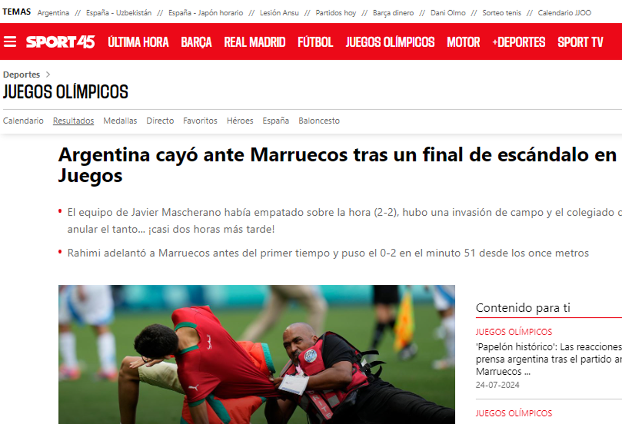 “Argentina cayó ante Marruecos tras un final de escándalo en los Juegos”, Diario Sport de España.