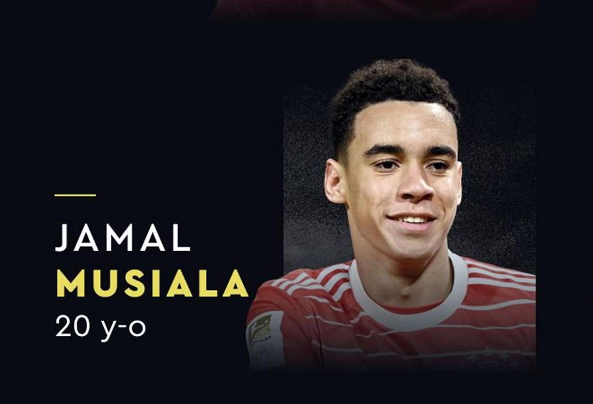 Jamal Musiala (Bayern Múnich) - El joven futbolista alemán recibe por primera vez una nominación al Balón de Oro. Fue campeón de la Bundesliga.