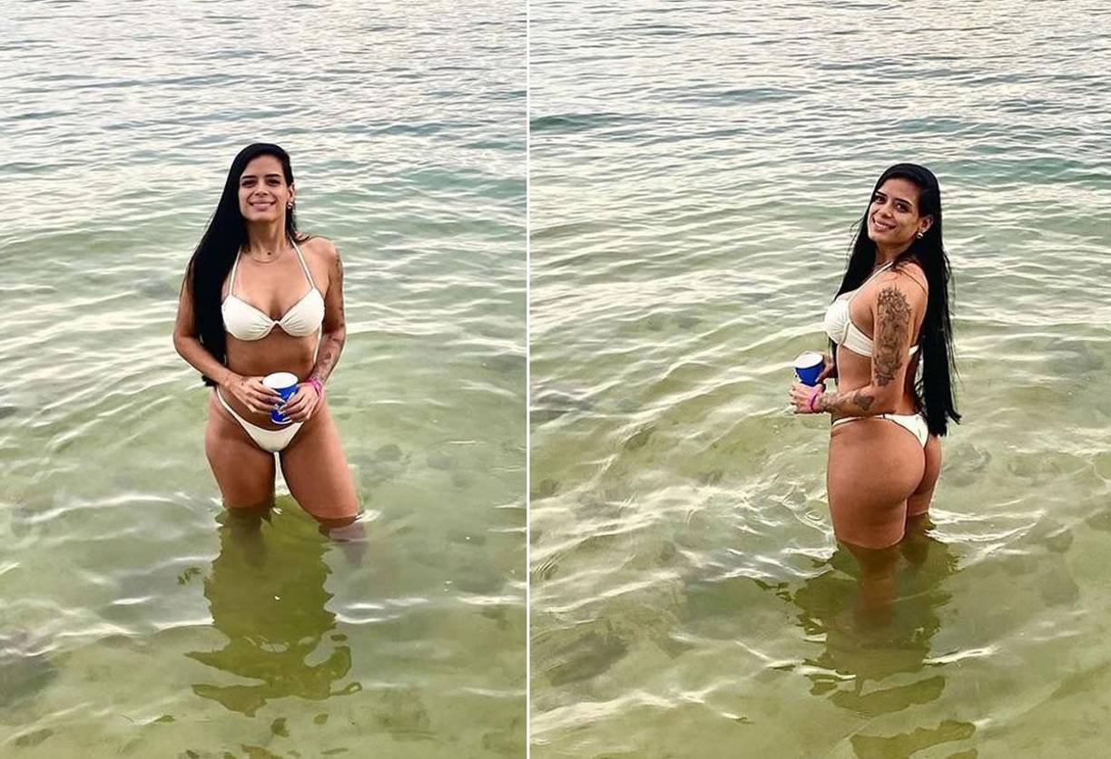 Fabio de Souza se hace acompañar de su linda prometida Ana Carolina Gonçalves, quien cautiva en las playas de Roatán.